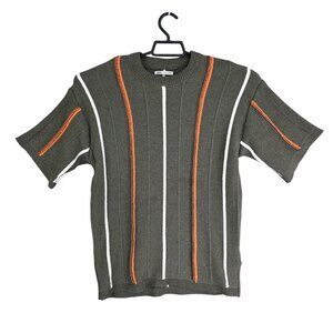 Mens Zara Green Knit Sweater Orange & White Stripes Short Sleeve Size M
